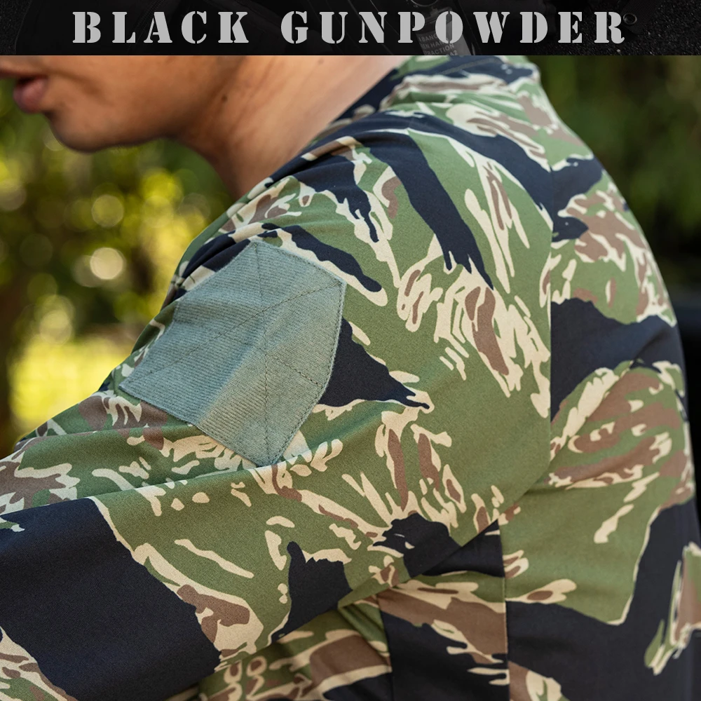 Tiger Stripe Camo Long Sleeve Tactical Shirt UPF50+ Sun Protection High Elastic Morale Patch Hiking Hunting