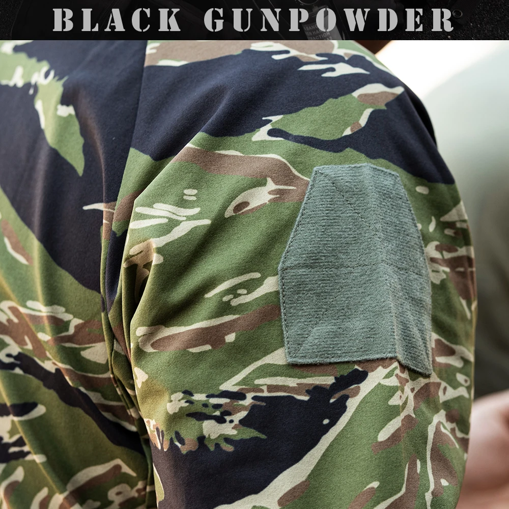 Tiger Stripe Camo Long Sleeve Tactical Shirt UPF50+ Sun Protection High Elastic Morale Patch Hiking Hunting