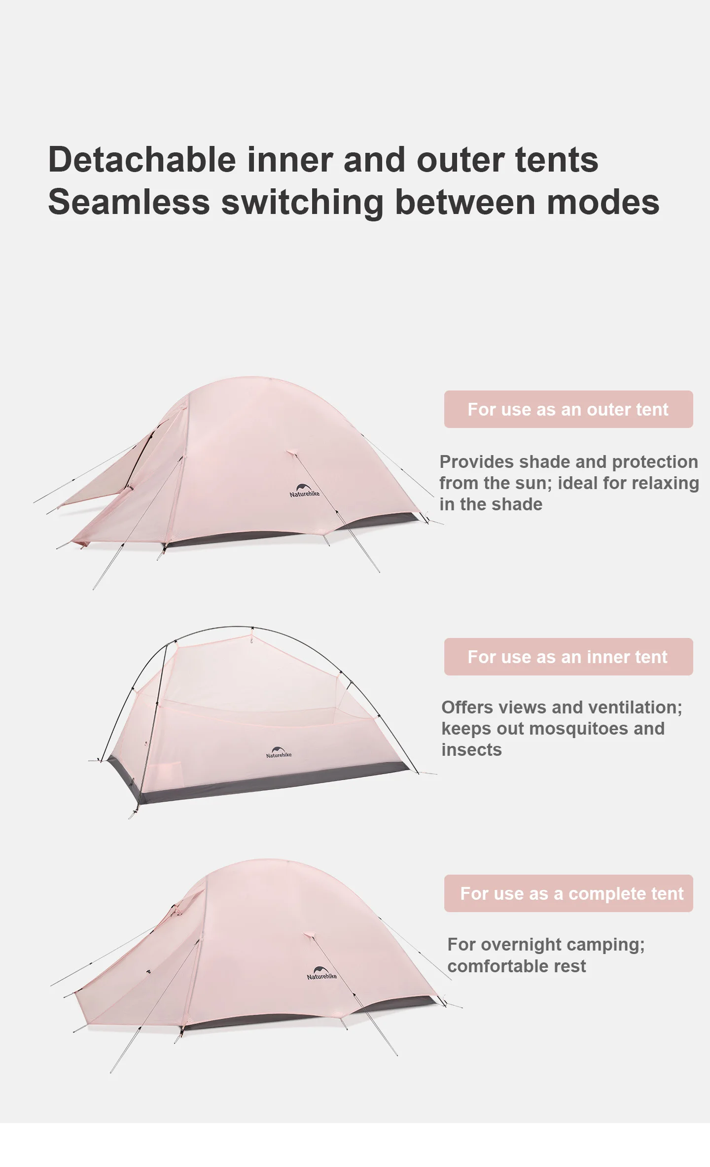Naturehike 2026 New Hiking Tent Waterproof Large Foyer Pink Tent Travel 1-2 Person Ultralight Portable Camping Shelter Tents