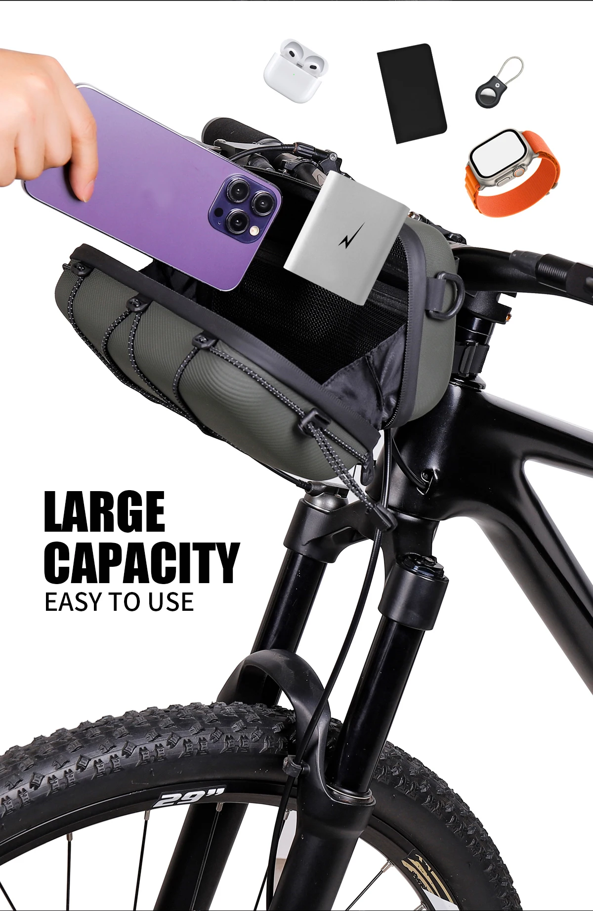 WILD MAN BBG154 Bike Handlebar Bag EVA Hard Shell Rainproof Front Storage Pouch Bungee Cord Shoulder Strap Rain Cover MTB Road