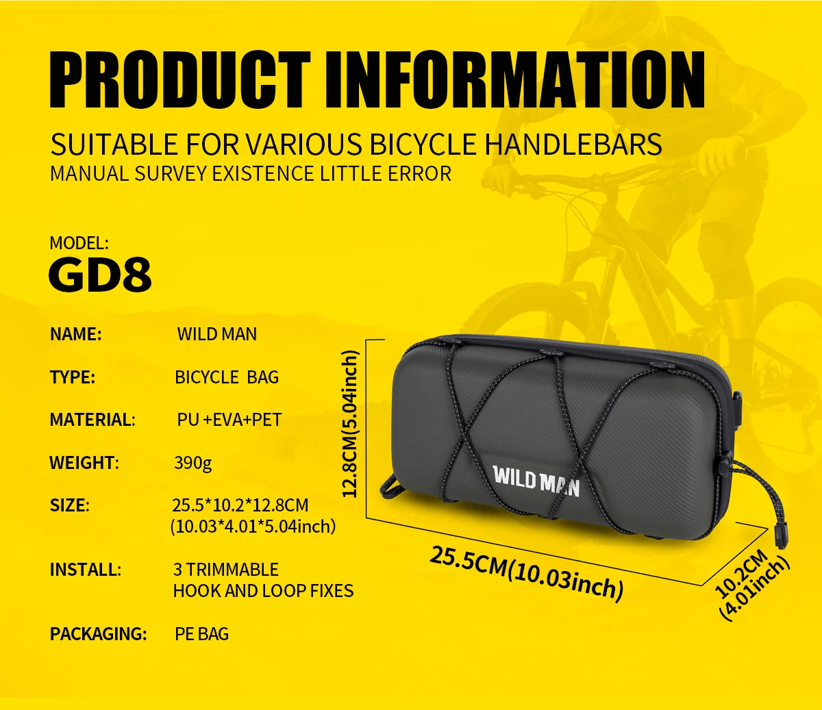 WILD MAN BBG154 Bike Handlebar Bag EVA Hard Shell Rainproof Front Storage Pouch Bungee Cord Shoulder Strap Rain Cover MTB Road