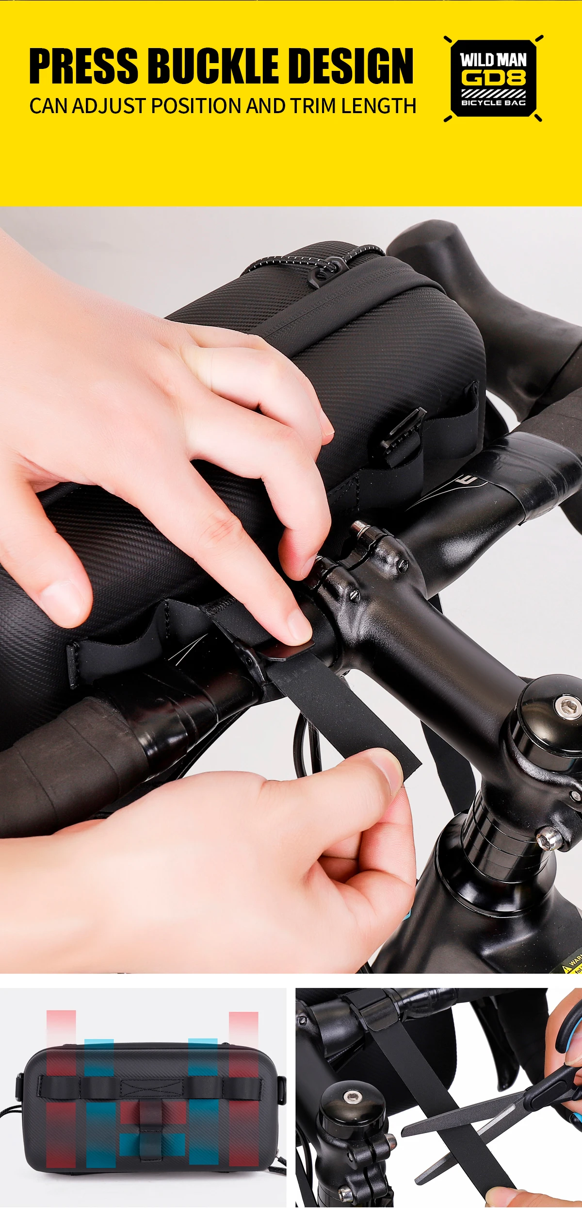 WILD MAN BBG154 Bike Handlebar Bag EVA Hard Shell Rainproof Front Storage Pouch Bungee Cord Shoulder Strap Rain Cover MTB Road