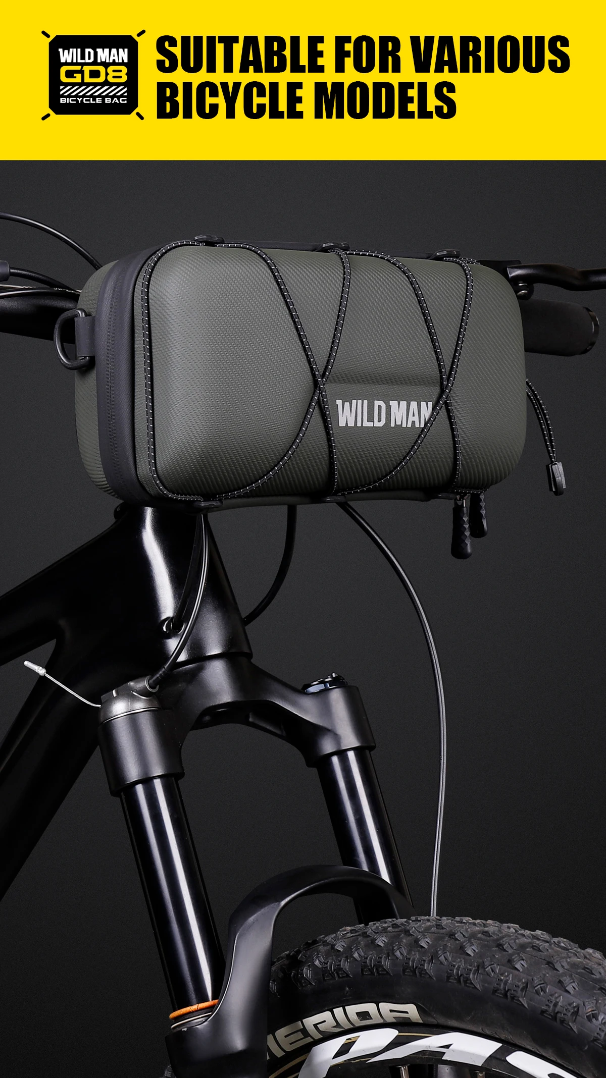 WILD MAN BBG154 Bike Handlebar Bag EVA Hard Shell Rainproof Front Storage Pouch Bungee Cord Shoulder Strap Rain Cover MTB Road