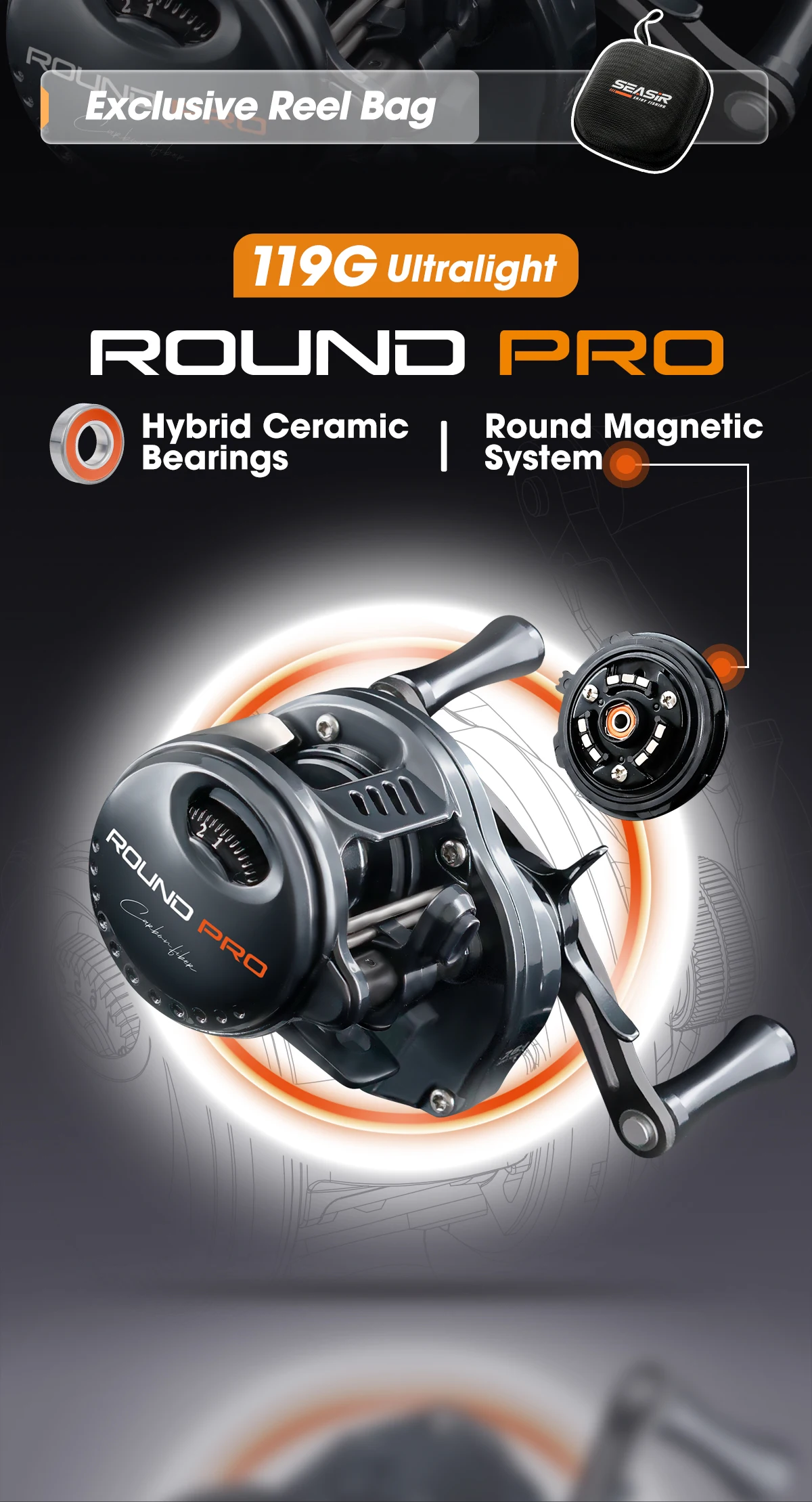SEASIR Round Rro BFS 119g Baitcasting Fishing Reel Ultralight All Carbon Fiber 7.6:1 Drag 5kg With Free Reel Bag Fishing Coil