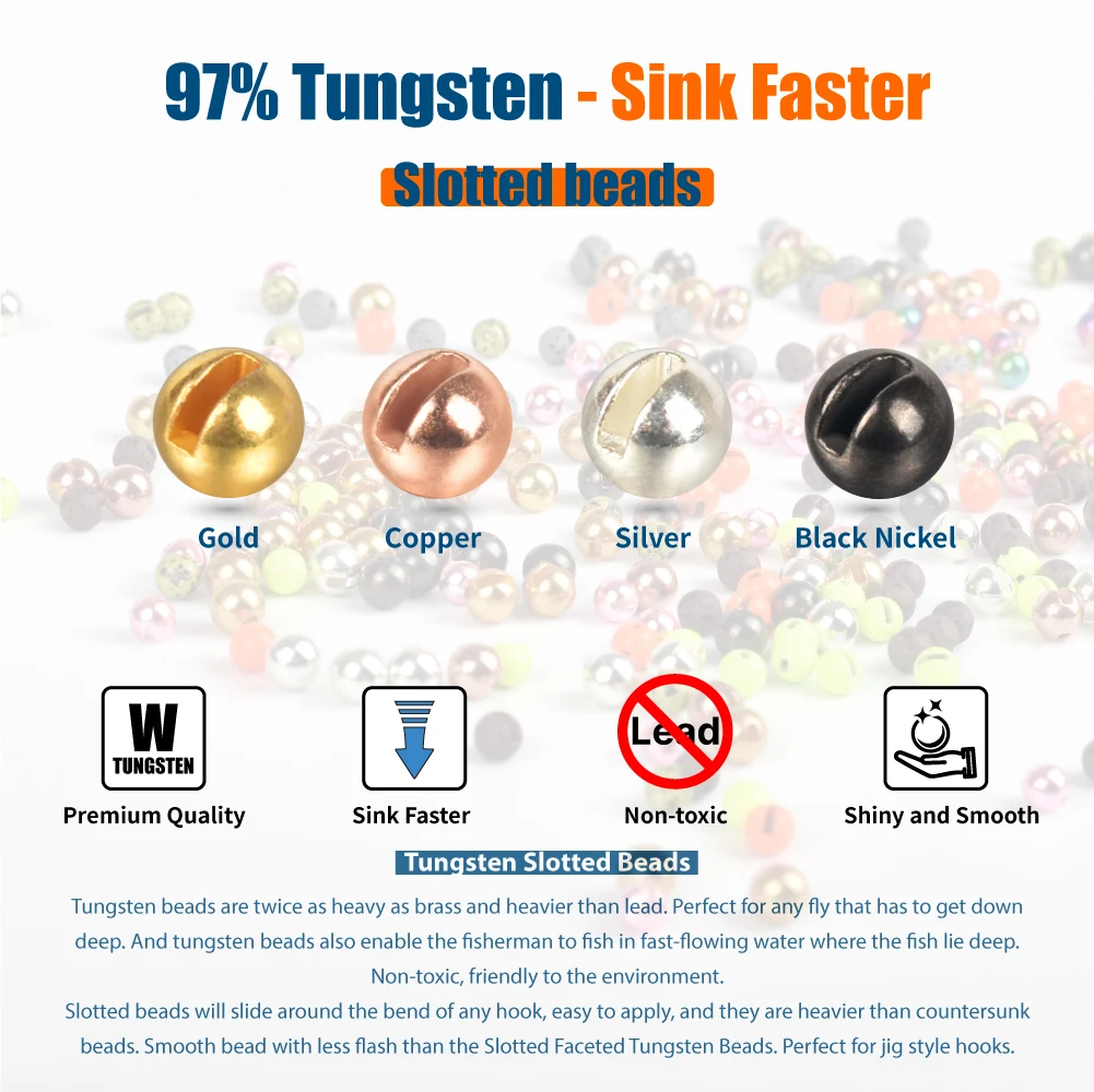 Elite TG 3.8-6.4mm 200PCS Tungsten Slotted Beads For Fishing DIY Fly Material Beads Fishing Lures