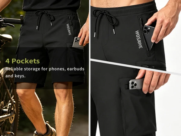 WOSAWE Summer MTB Shorts Mountain Bike Cycling Padded Shorts Multi-Pockets Road Bike Trousers Outdoor Sports 2 in 1 Short Pants