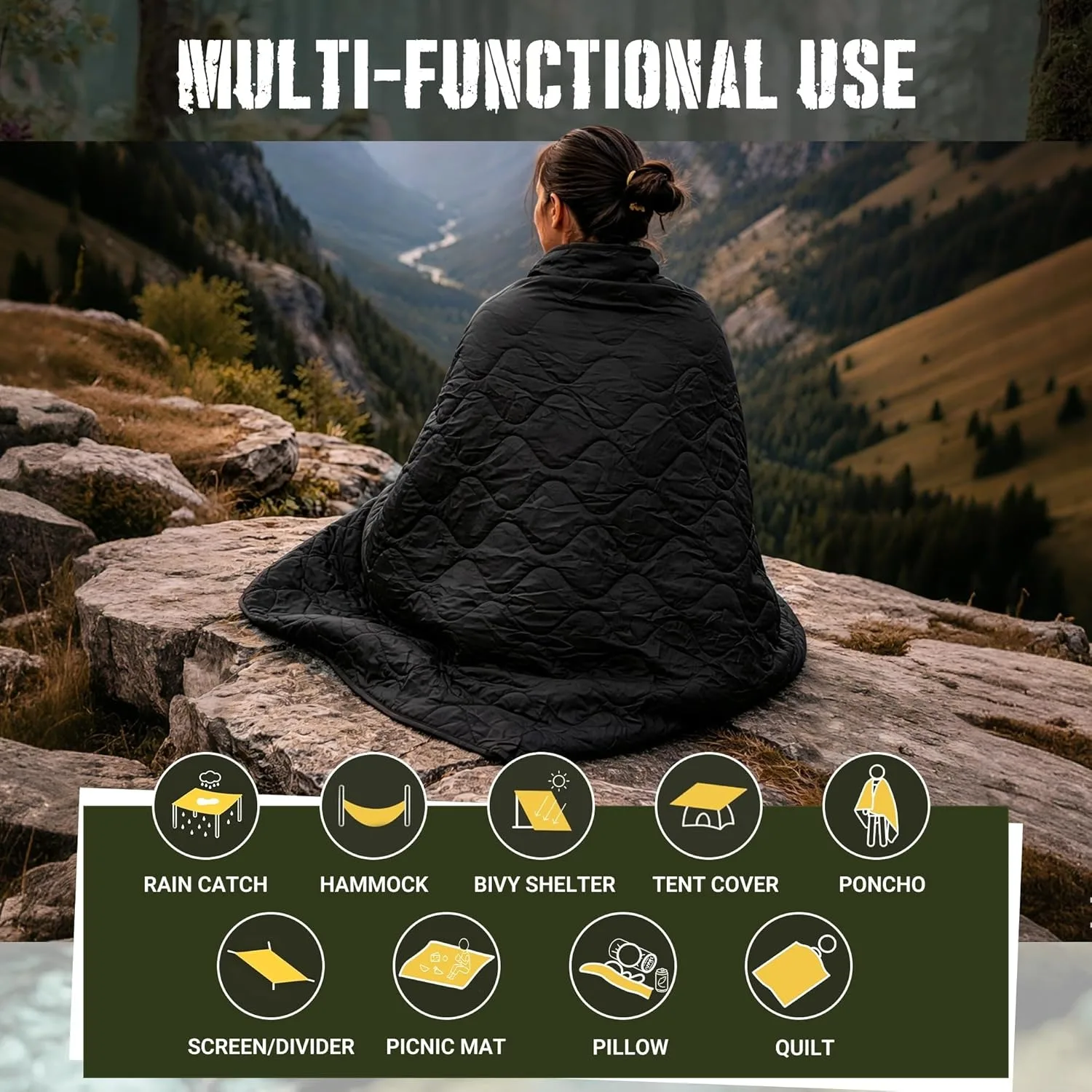 Woobie Blanket, Military Poncho Liner Thermal Insulated, WaterResistant Camping Quilt with Compression Bag for Hiking & Survival