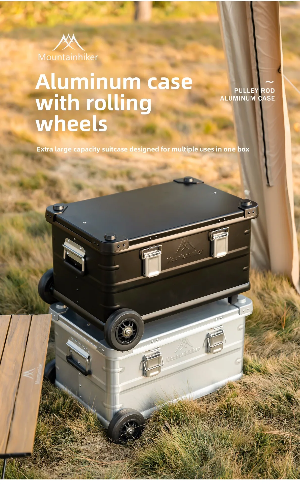 MOUNTAINHIKER 50L Storage Box with Trolley Wheels Outdoor Camping Picnic Travel Aluminum Alloy Large Capacity Box Storage Bag