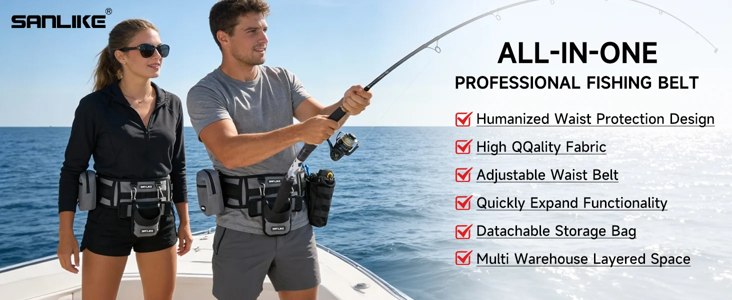 SANLIKE Fishing Belt Rod Holder Wading Fly Fishing Belt Kit Adjustable Fighting Waist Belt with Detachable Tackle Bag