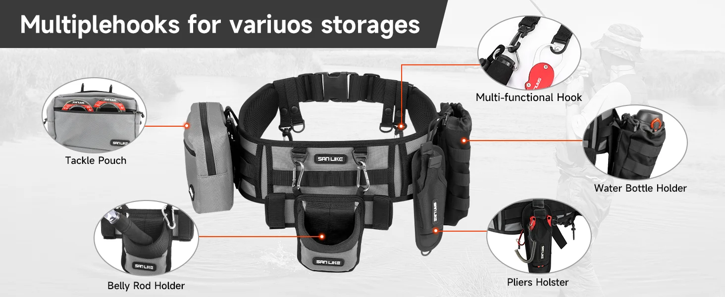 SANLIKE Fishing Belt Rod Holder Wading Fly Fishing Belt Kit Adjustable Fighting Waist Belt with Detachable Tackle Bag