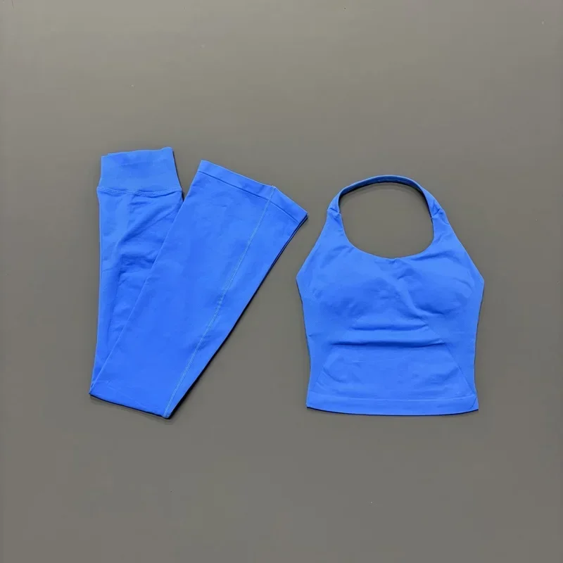 2Pcs Flare Leggings Set Seamless Halter Sports Top and Solid Women Hip Lifting Flared Pants Set for Workout Fitness Clothingv