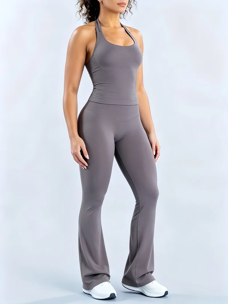 2Pcs Flare Leggings Set Seamless Halter Sports Top and Solid Women Hip Lifting Flared Pants Set for Workout Fitness Clothingv