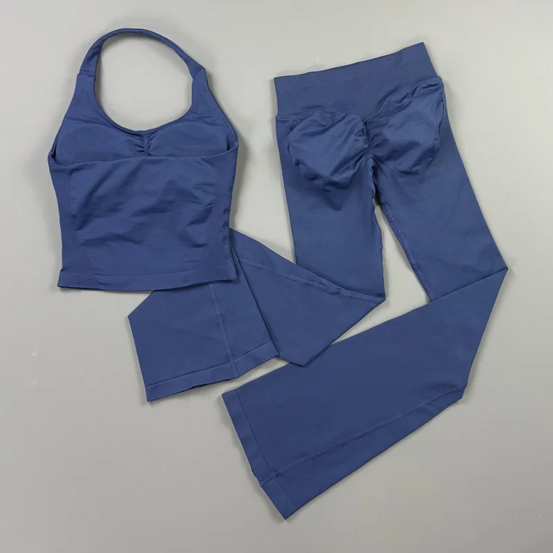 2Pcs Flare Leggings Set Seamless Halter Sports Top and Solid Women Hip Lifting Flared Pants Set for Workout Fitness Clothingv