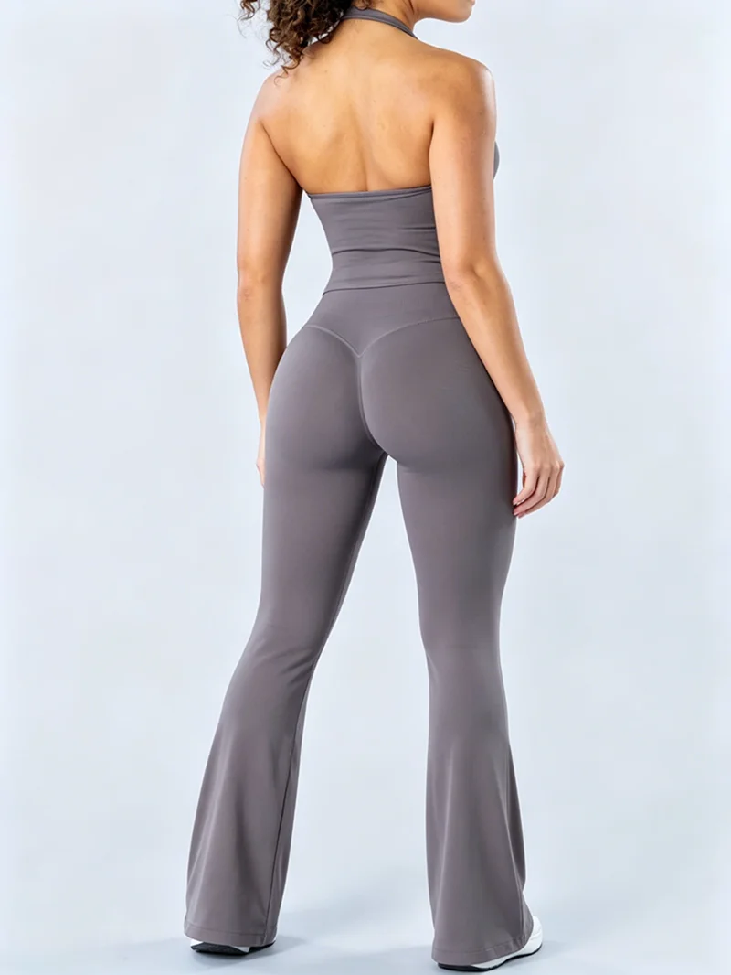 2Pcs Flare Leggings Set Seamless Halter Sports Top and Solid Women Hip Lifting Flared Pants Set for Workout Fitness Clothingv