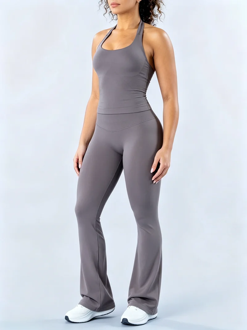 2Pcs Flare Leggings Set Seamless Halter Sports Top and Solid Women Hip Lifting Flared Pants Set for Workout Fitness Clothingv