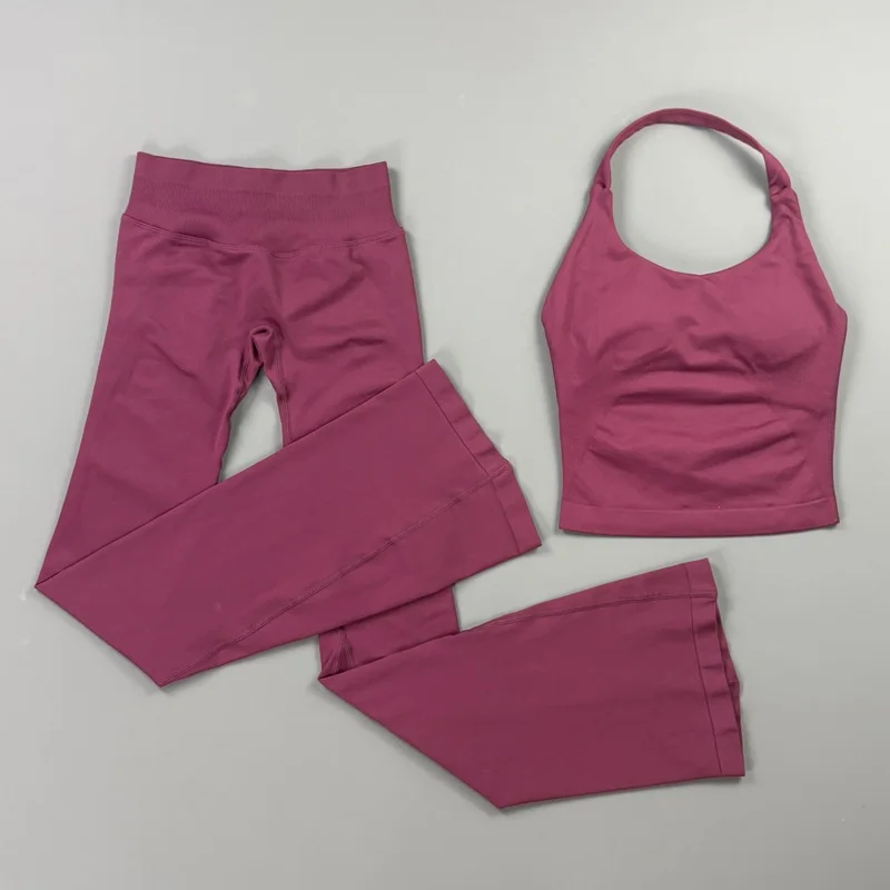 2Pcs Flare Leggings Set Seamless Halter Sports Top and Solid Women Hip Lifting Flared Pants Set for Workout Fitness Clothingv