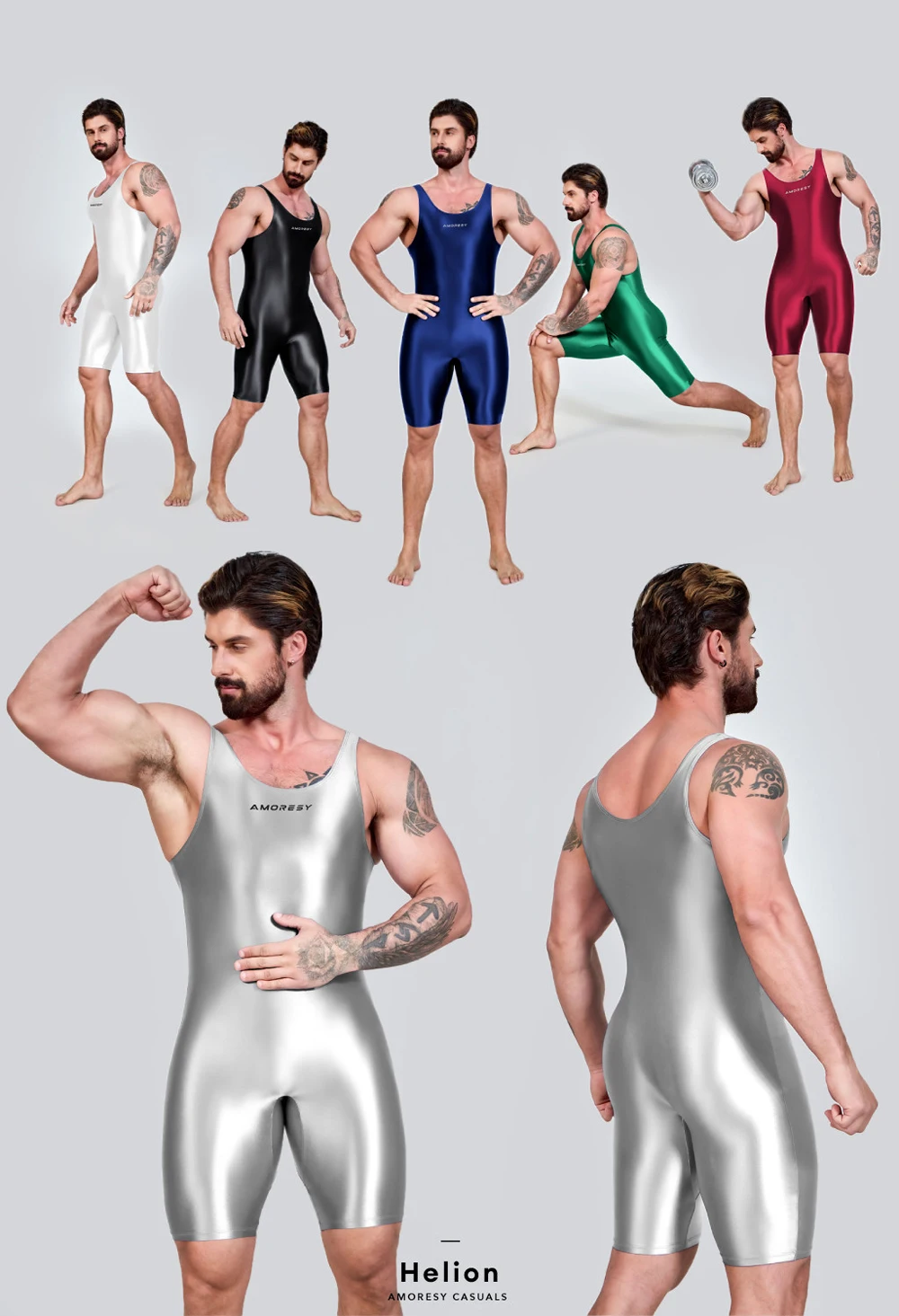 AMORESY Men Sexy Glossy Smooth Bodybuilder Singlet Sleeveless Running Catsuits Fitness Yoga Sports Jumpsuit Cycling Solid Tights