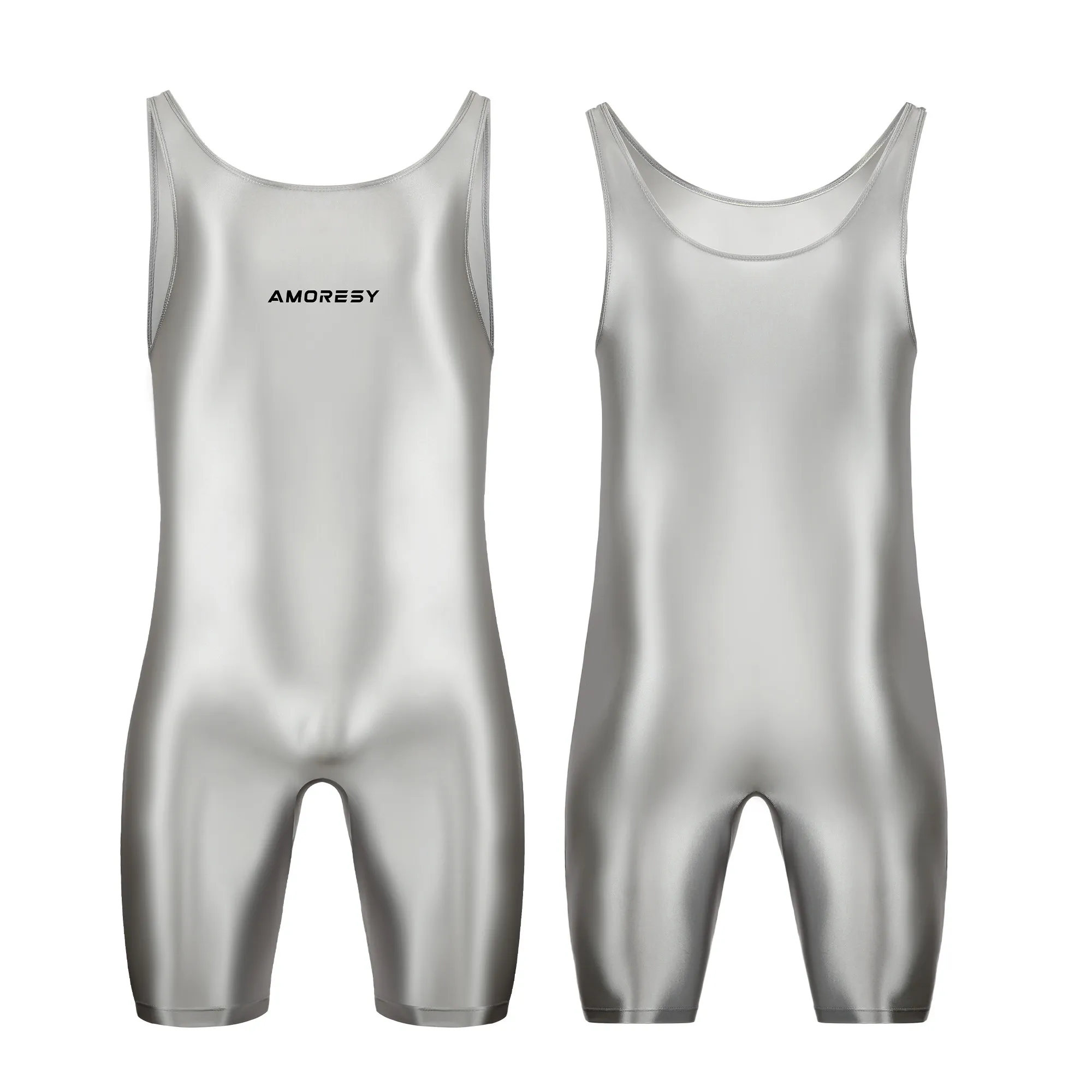 AMORESY Men Sexy Glossy Smooth Bodybuilder Singlet Sleeveless Running Catsuits Fitness Yoga Sports Jumpsuit Cycling Solid Tights