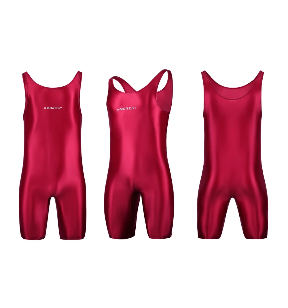 AMORESY Men Sexy Glossy Smooth Bodybuilder Singlet Sleeveless Running Catsuits Fitness Yoga Sports Jumpsuit Cycling Solid Tights