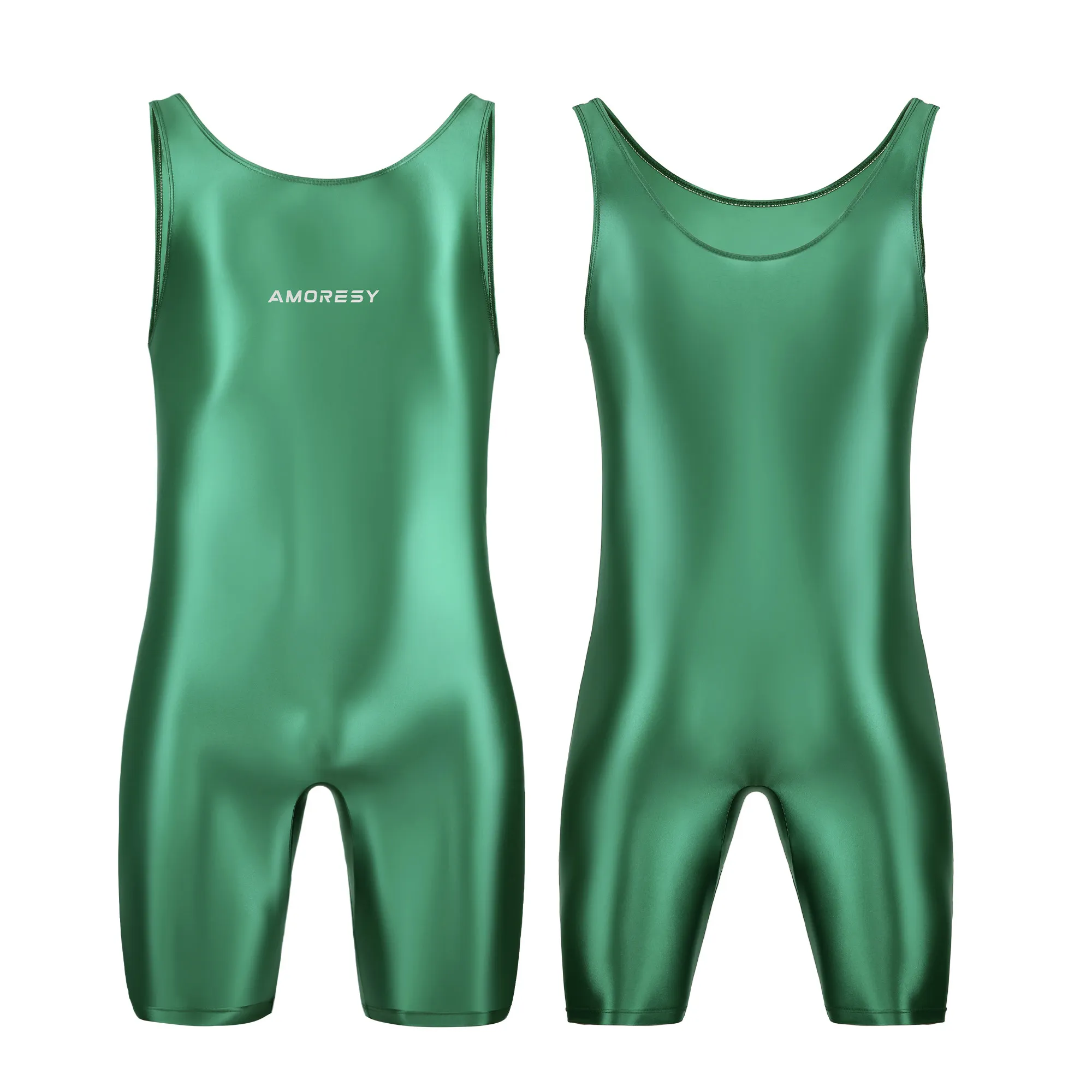 AMORESY Men Sexy Glossy Smooth Bodybuilder Singlet Sleeveless Running Catsuits Fitness Yoga Sports Jumpsuit Cycling Solid Tights