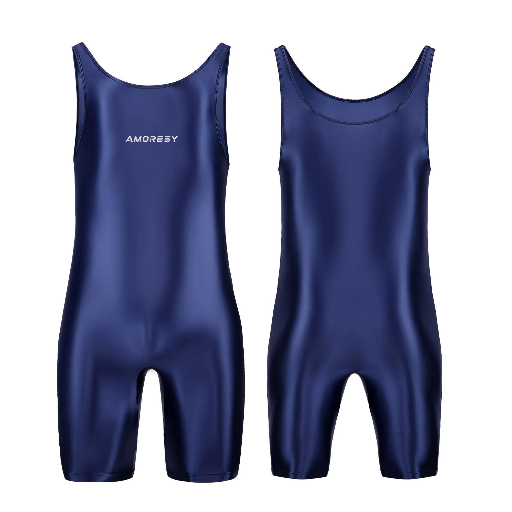 AMORESY Men Sexy Glossy Smooth Bodybuilder Singlet Sleeveless Running Catsuits Fitness Yoga Sports Jumpsuit Cycling Solid Tights