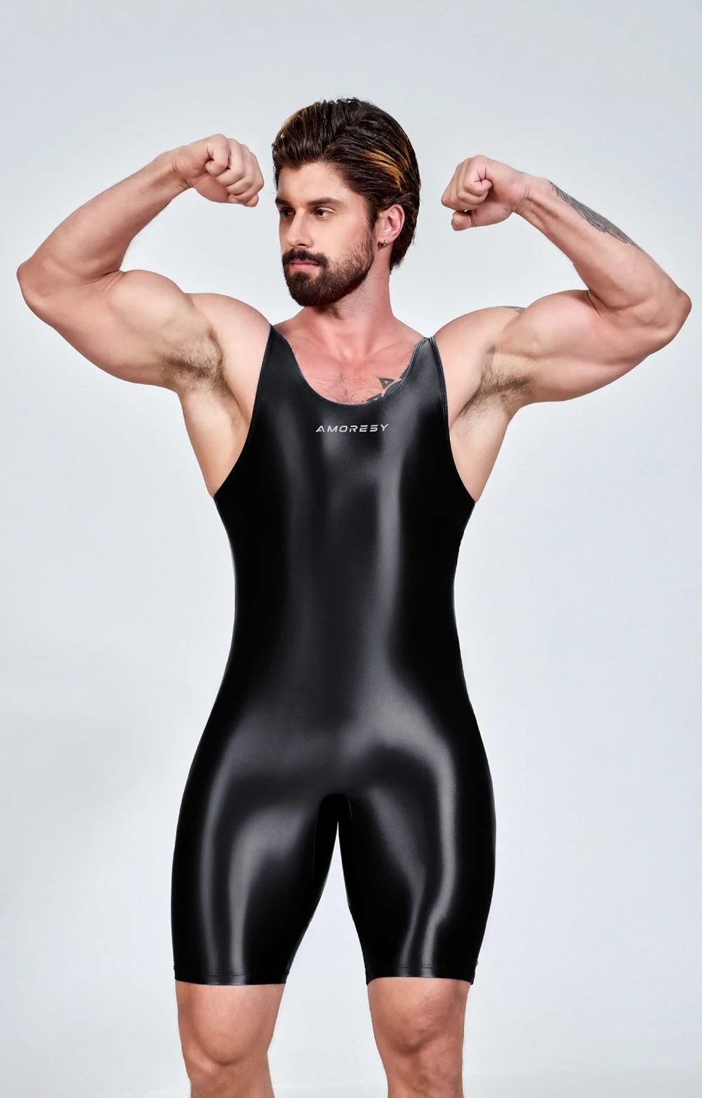 AMORESY Men Sexy Glossy Smooth Bodybuilder Singlet Sleeveless Running Catsuits Fitness Yoga Sports Jumpsuit Cycling Solid Tights