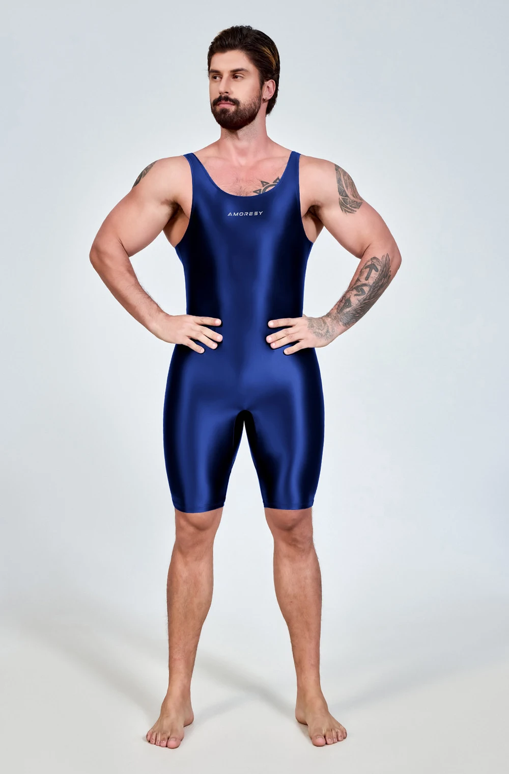 AMORESY Men Sexy Glossy Smooth Bodybuilder Singlet Sleeveless Running Catsuits Fitness Yoga Sports Jumpsuit Cycling Solid Tights