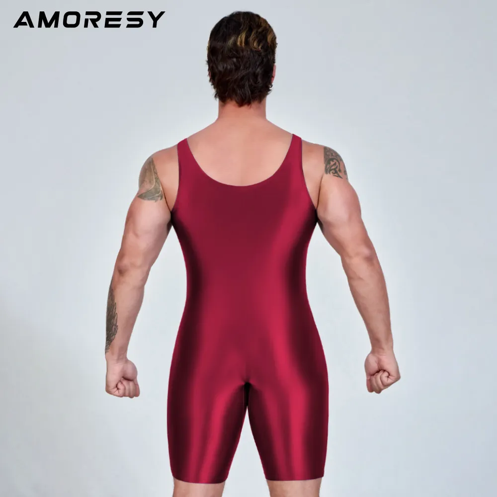 AMORESY Men Sexy Glossy Smooth Bodybuilder Singlet Sleeveless Running Catsuits Fitness Yoga Sports Jumpsuit Cycling Solid Tights