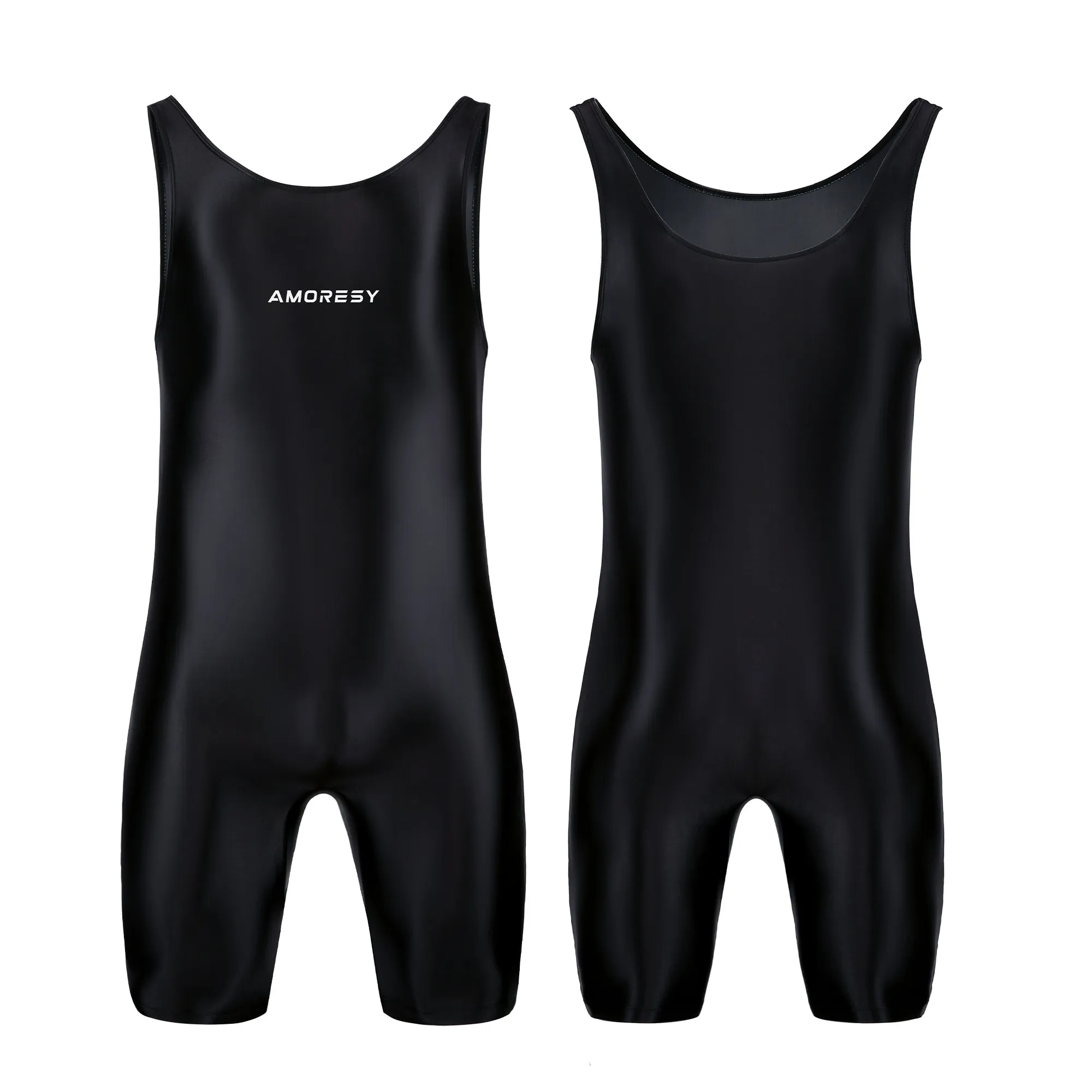 AMORESY Men Sexy Glossy Smooth Bodybuilder Singlet Sleeveless Running Catsuits Fitness Yoga Sports Jumpsuit Cycling Solid Tights