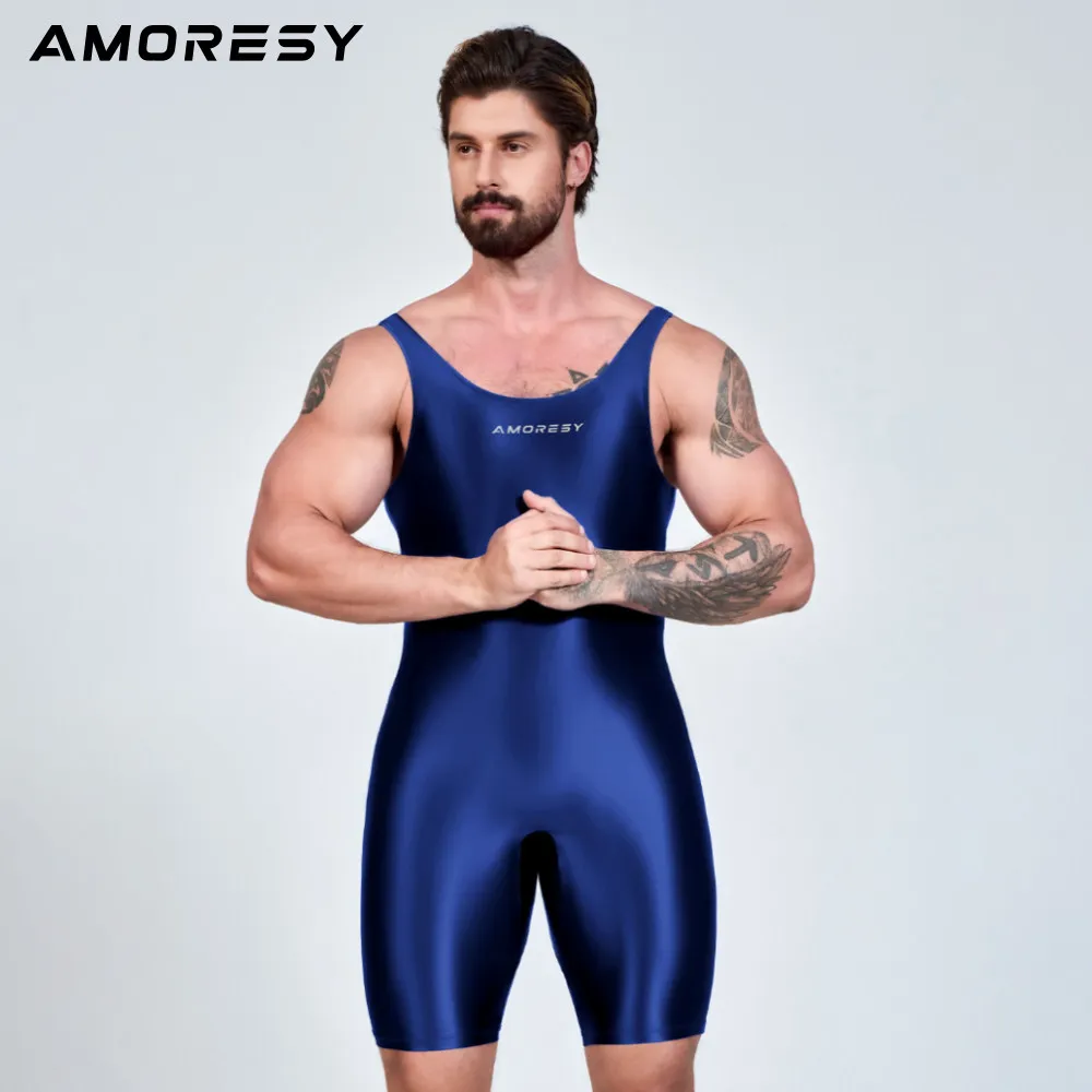 AMORESY Men Sexy Glossy Smooth Bodybuilder Singlet Sleeveless Running Catsuits Fitness Yoga Sports Jumpsuit Cycling Solid Tights