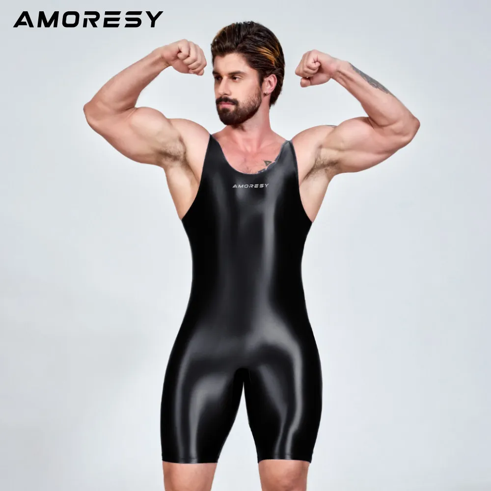 AMORESY Men Sexy Glossy Smooth Bodybuilder Singlet Sleeveless Running Catsuits Fitness Yoga Sports Jumpsuit Cycling Solid Tights