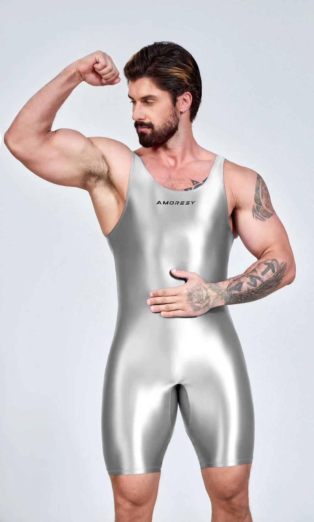 AMORESY Men Sexy Glossy Smooth Bodybuilder Singlet Sleeveless Running Catsuits Fitness Yoga Sports Jumpsuit Cycling Solid Tights