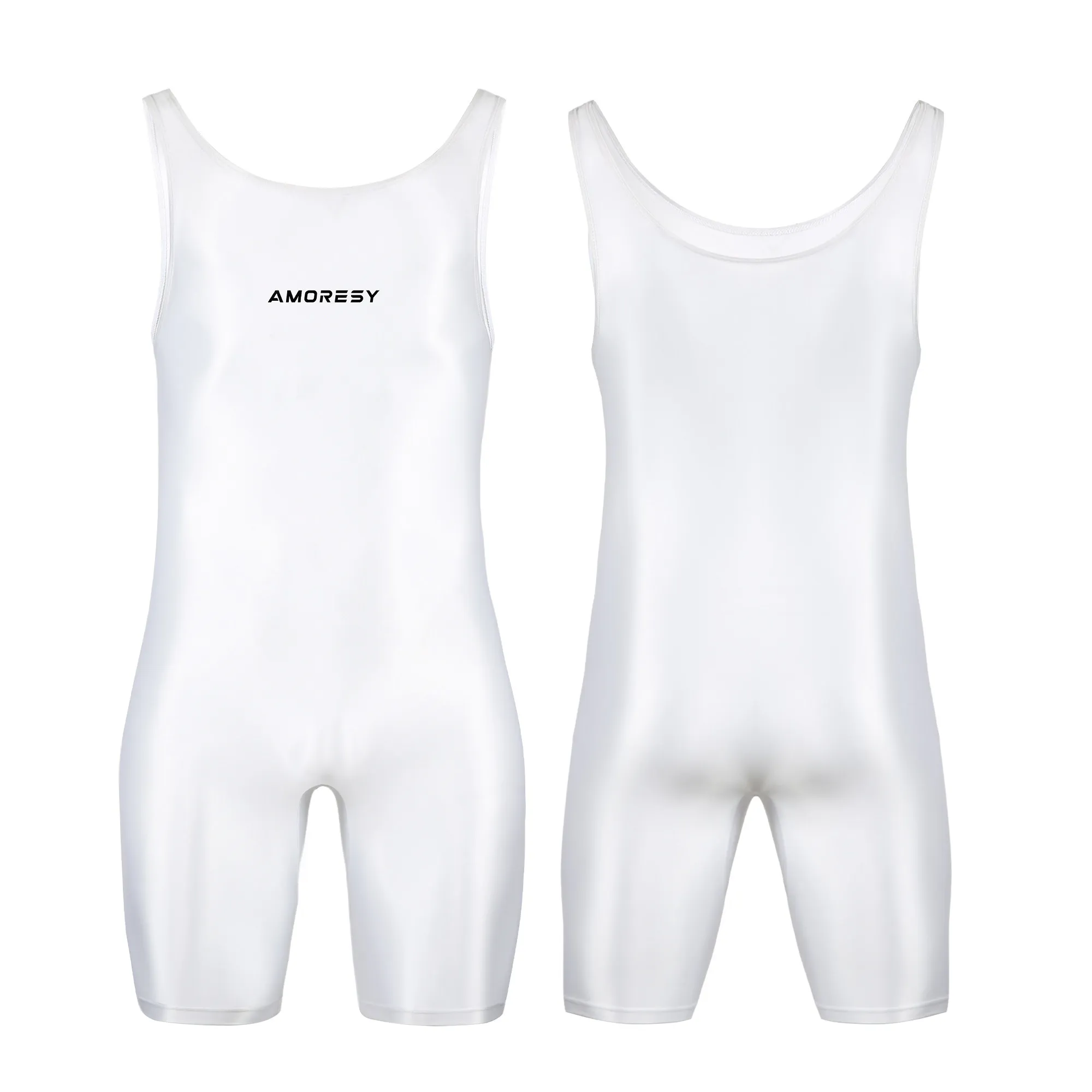 AMORESY Men Sexy Glossy Smooth Bodybuilder Singlet Sleeveless Running Catsuits Fitness Yoga Sports Jumpsuit Cycling Solid Tights