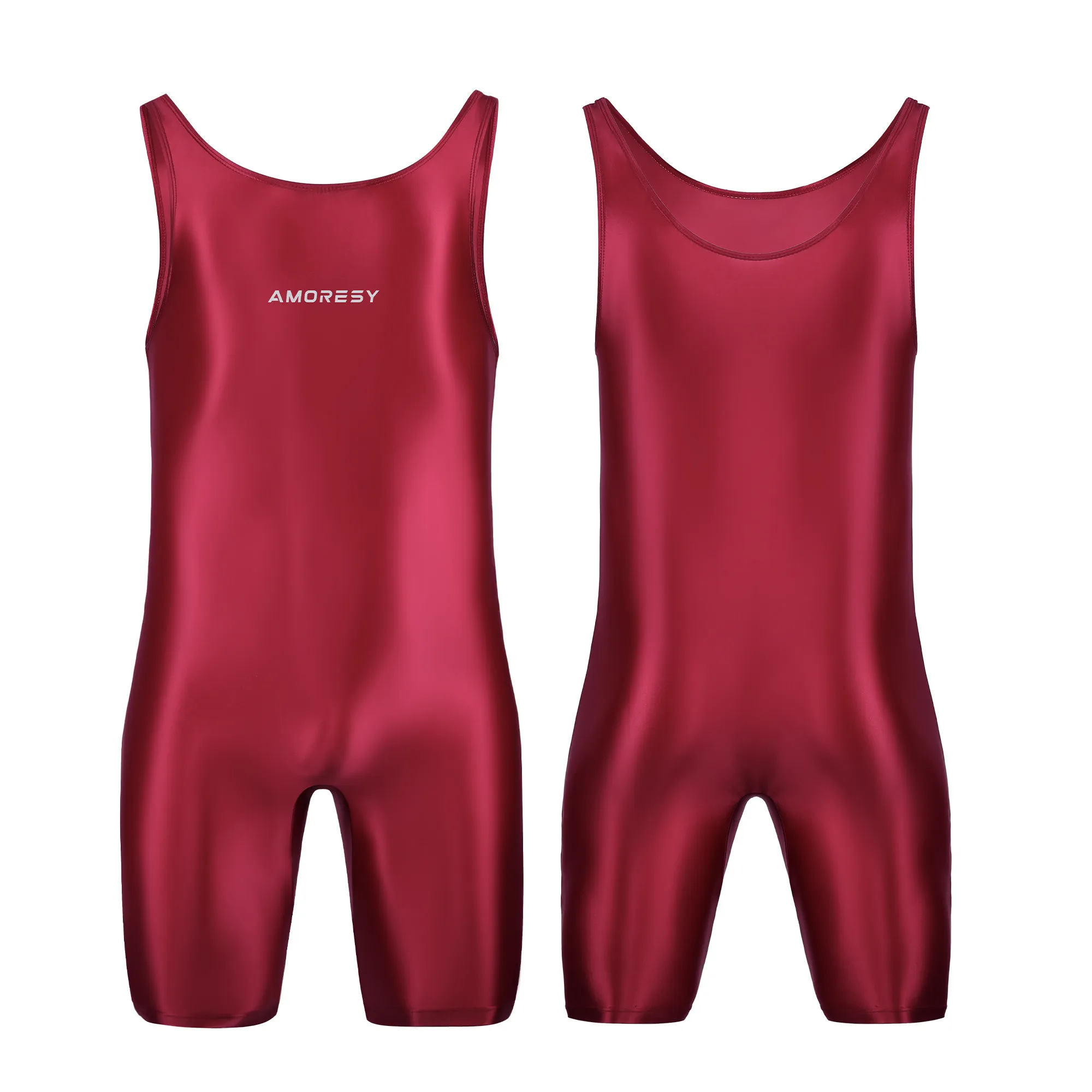 AMORESY Men Sexy Glossy Smooth Bodybuilder Singlet Sleeveless Running Catsuits Fitness Yoga Sports Jumpsuit Cycling Solid Tights