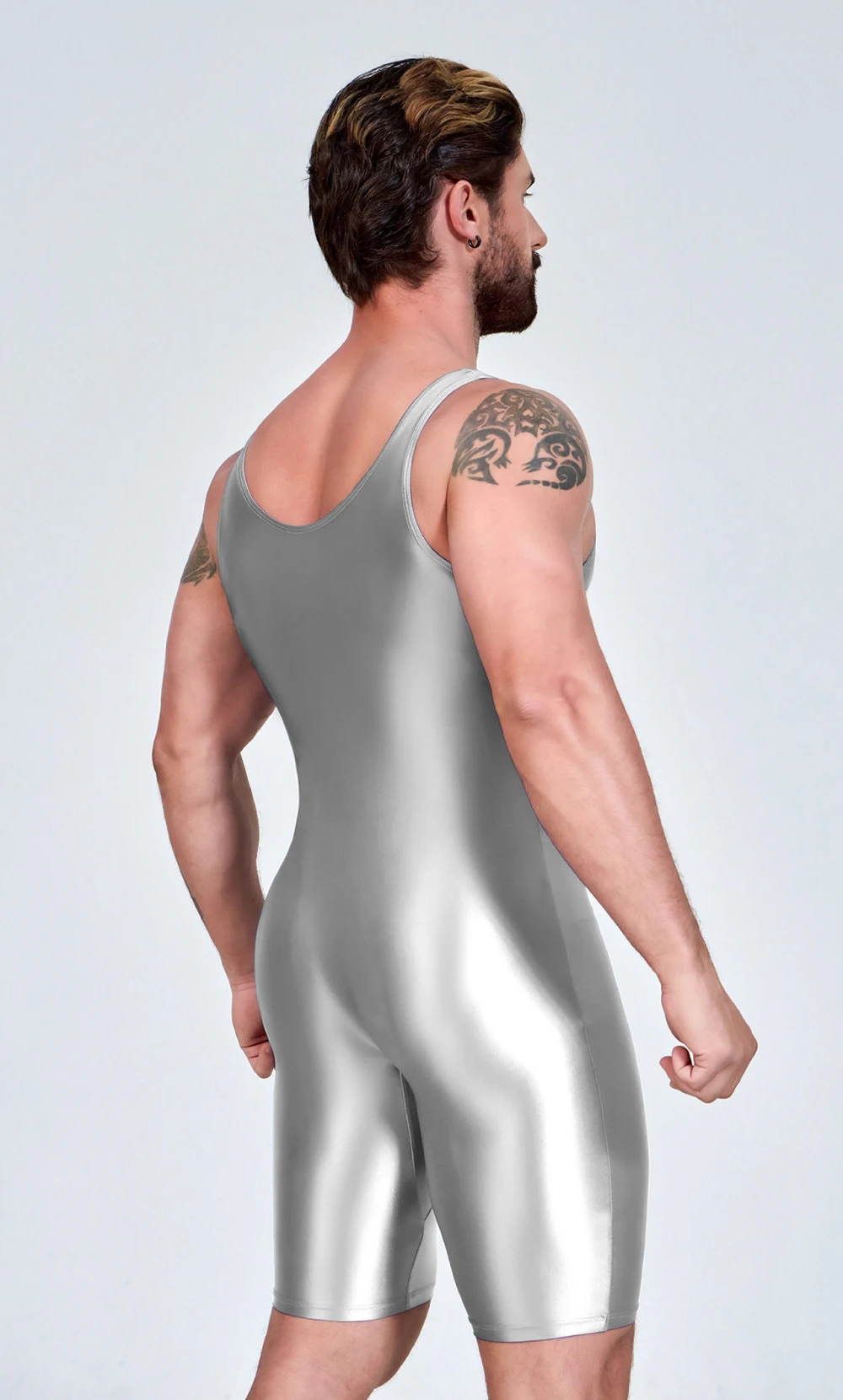 AMORESY Men Sexy Glossy Smooth Bodybuilder Singlet Sleeveless Running Catsuits Fitness Yoga Sports Jumpsuit Cycling Solid Tights