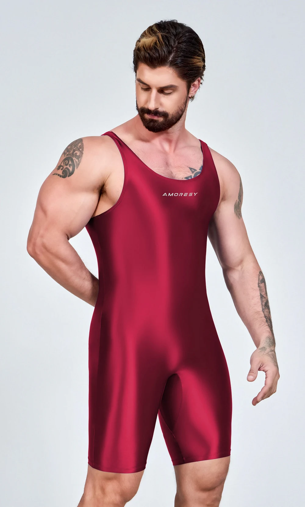 AMORESY Men Sexy Glossy Smooth Bodybuilder Singlet Sleeveless Running Catsuits Fitness Yoga Sports Jumpsuit Cycling Solid Tights
