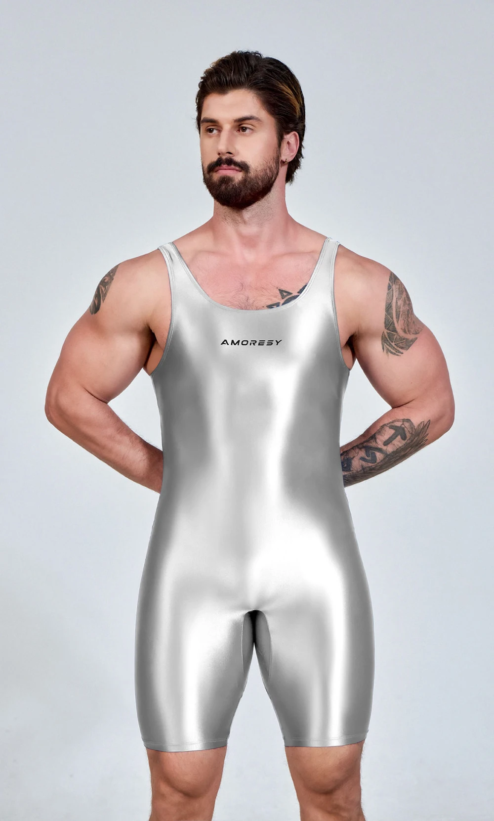 AMORESY Men Sexy Glossy Smooth Bodybuilder Singlet Sleeveless Running Catsuits Fitness Yoga Sports Jumpsuit Cycling Solid Tights