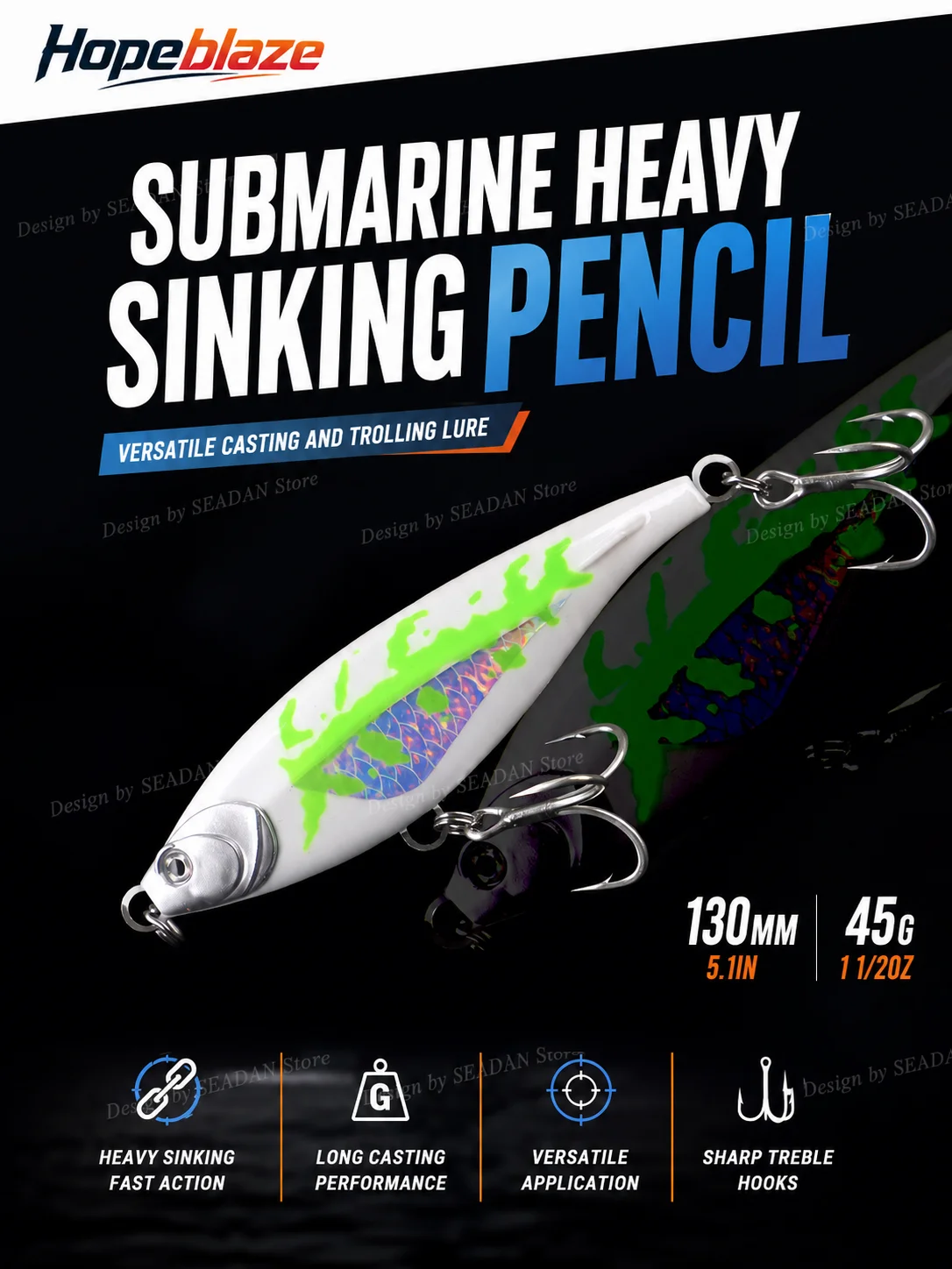 Hopeblaze Hurricane No.1 Saltwater Heavy Sinking Pencil Luminous 45/90g Fishing Lure for Big Game Amberjack GT Tuna Barracuda