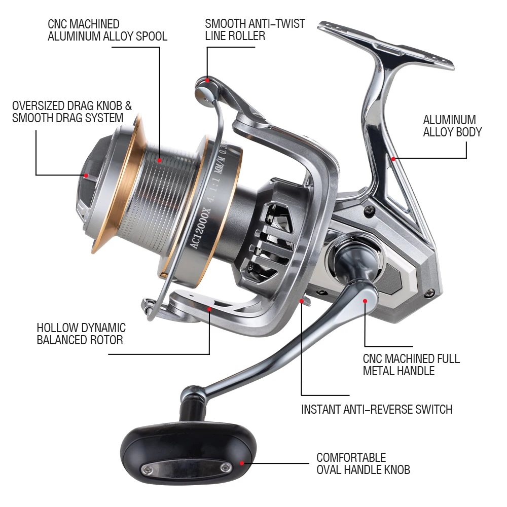 1PCS Long Casting Spinning Fishing Reel, 5+1 Stainless Steel Bearings, CNC Aluminum Spool, Max Drag 20kg/44lbs