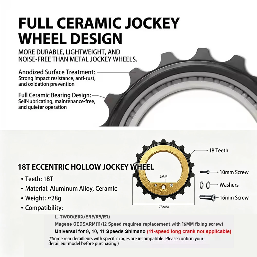 18T Ultralight Hollow Ceramic Bearing Jockey Wheel Rear Derailleur Pulley for 9/10/11/12 Speeds QED R8000 R7000 Road Bike DIY