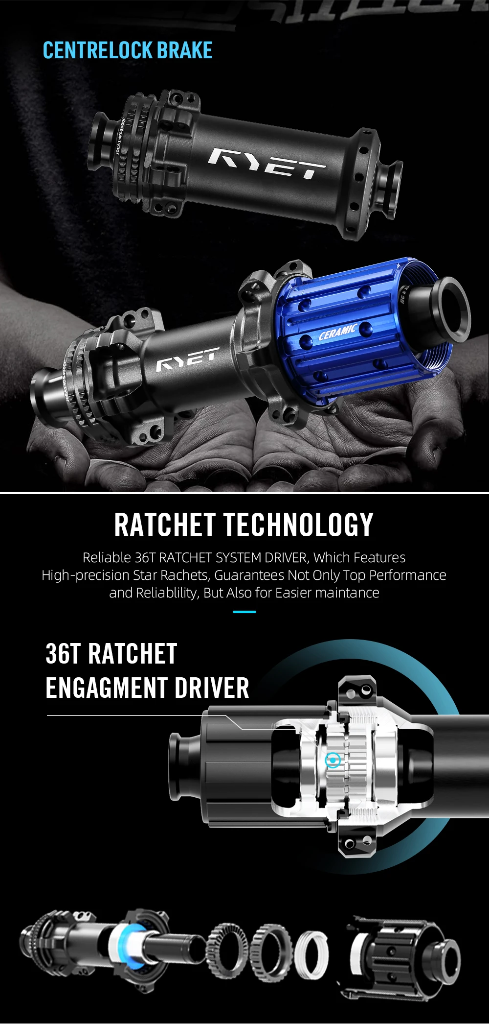 RYET Road Bike Hubs SuperLight 245g 36T Rachet Centerlock Ceramic Bearing Road Disc Brake Bicycle Hubsets Cycling Accessories