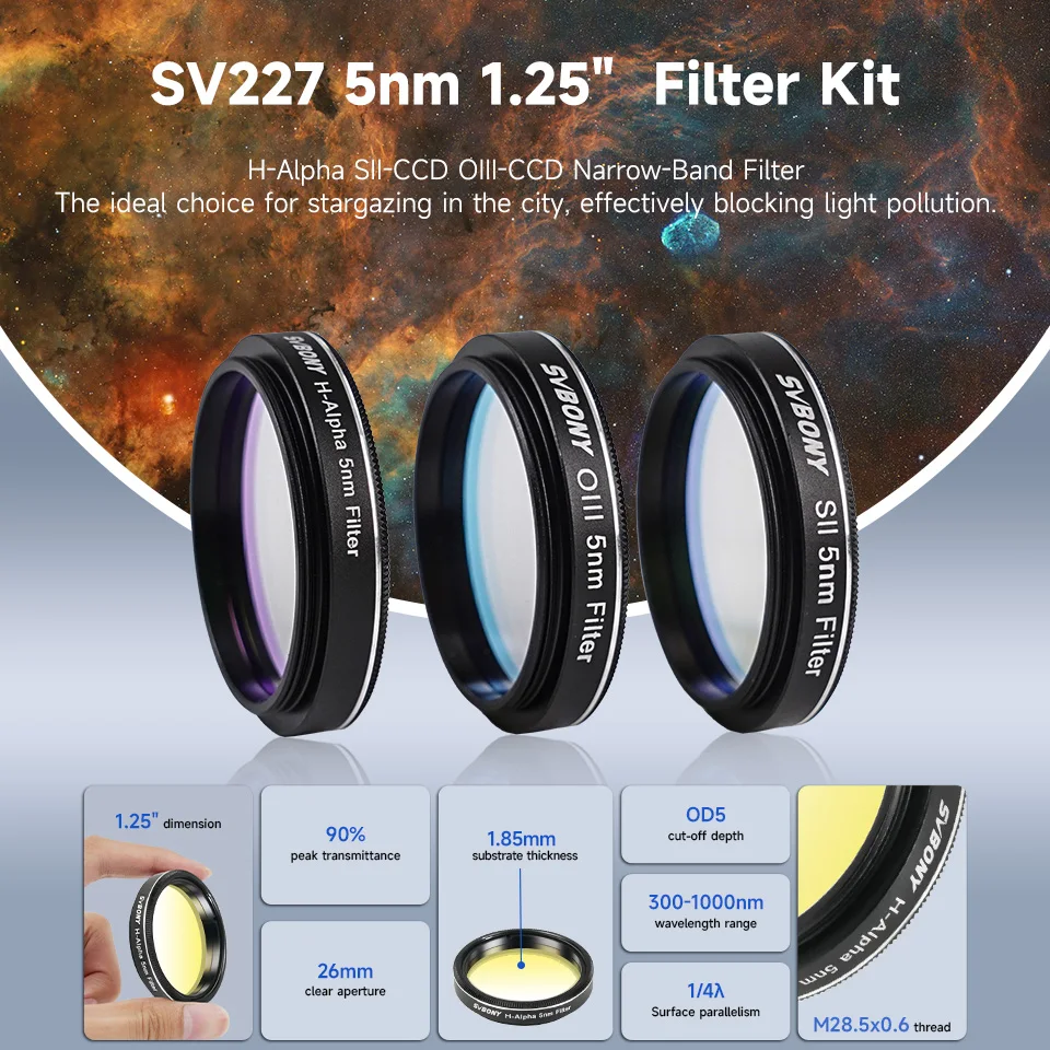 Svbony SV227 2/1.25inch Filter 5nm H-Alpha SII-CCD OIII-CCD Narrow Band for Astronomy Telescope Deep Space Planetary Photography