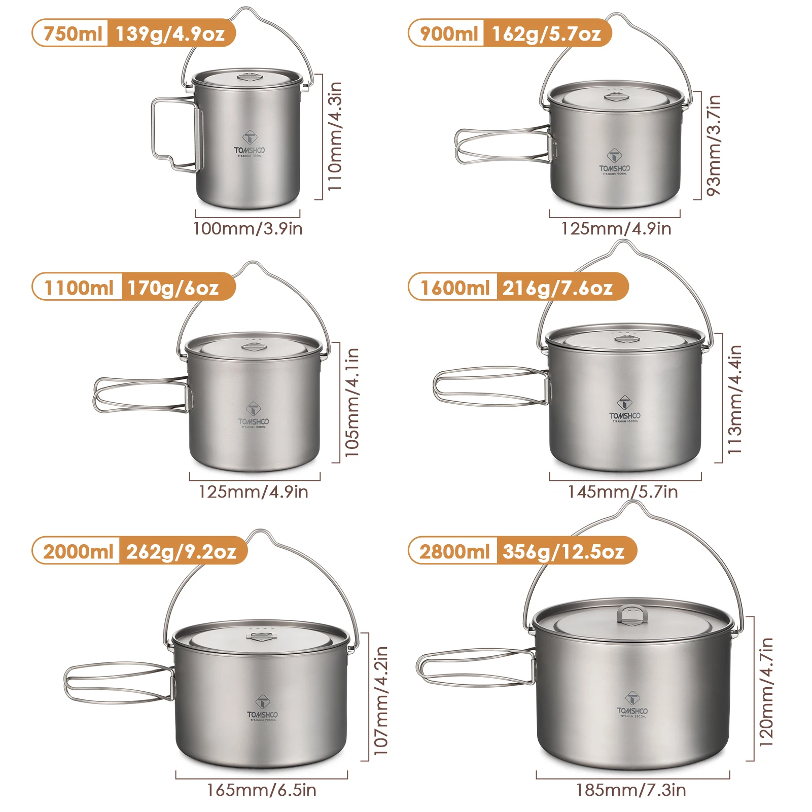 TOMSHOO Camping Cookware Titanium Pot 0.75L/0.9L/1.1L/1.6L/2L/2.8L Ultralight Hanging Pot w Lid Foldable Handle Outdoor Cooking
