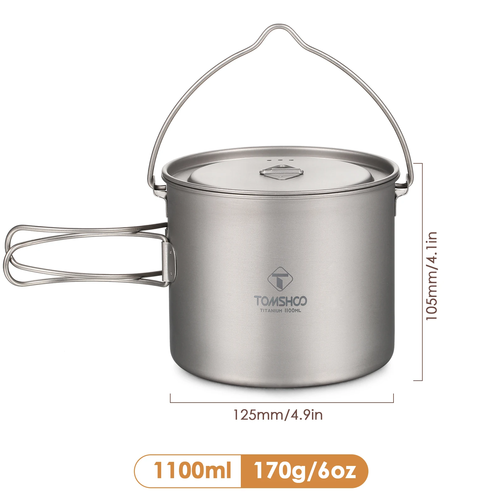 TOMSHOO Camping Cookware Titanium Pot 0.75L/0.9L/1.1L/1.6L/2L/2.8L Ultralight Hanging Pot w Lid Foldable Handle Outdoor Cooking