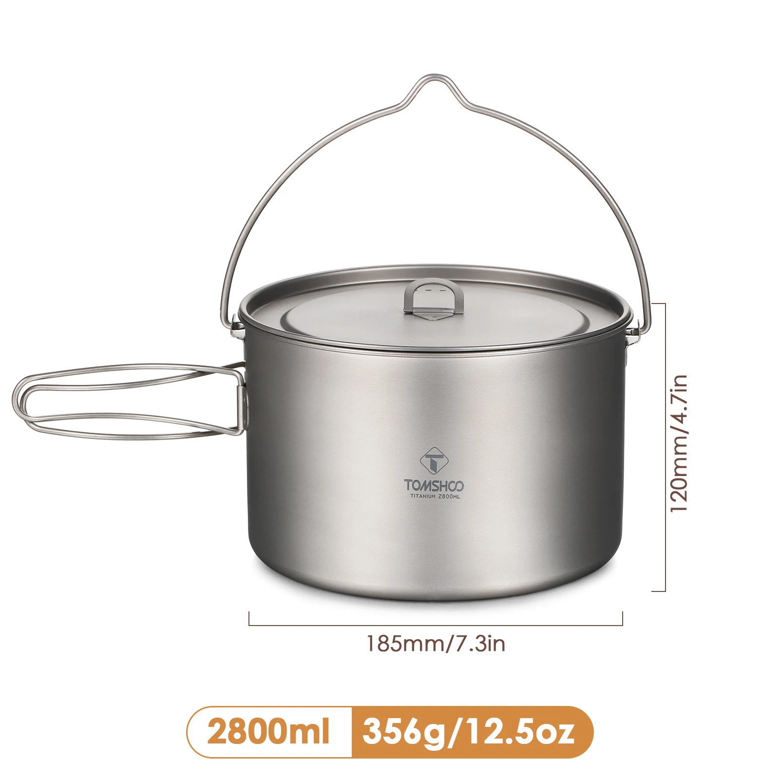 TOMSHOO Camping Cookware Titanium Pot 0.75L/0.9L/1.1L/1.6L/2L/2.8L Ultralight Hanging Pot w Lid Foldable Handle Outdoor Cooking