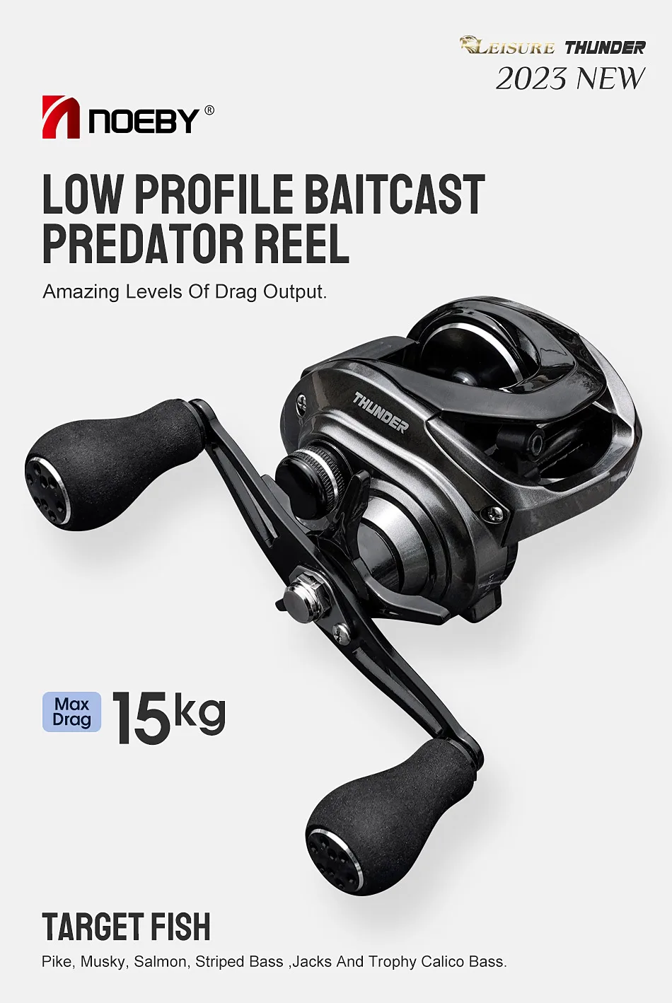 Noeby Baitcasting Reel 15KG Max Drag Magnetic Braking System 6.4:1 Gear Ratio 8+1 Ball Bearing Low Profile Predator Fishing Coil