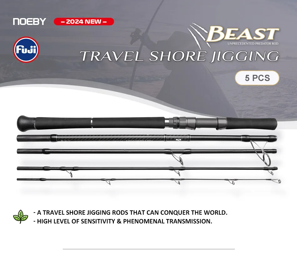 NOEBY Beast Travel Shore Jigging Rod 2.9m 5-Piece Portable Spinning Rod Max Lure 80g Fuji Components Saltwater