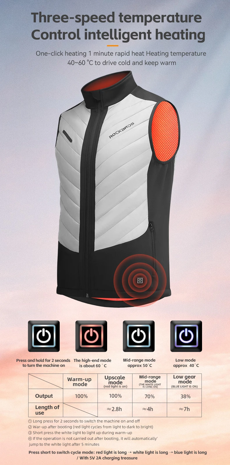 ROCKBROS Heated Vest USB Heated Jacket Thermal Clothing Hunting Cycling USB Infrared Heating Vest Washable Men Winter Warm