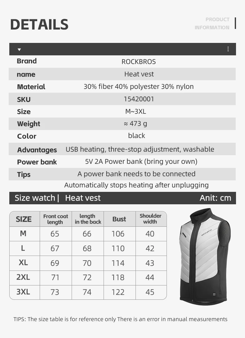 ROCKBROS Heated Vest USB Heated Jacket Thermal Clothing Hunting Cycling USB Infrared Heating Vest Washable Men Winter Warm