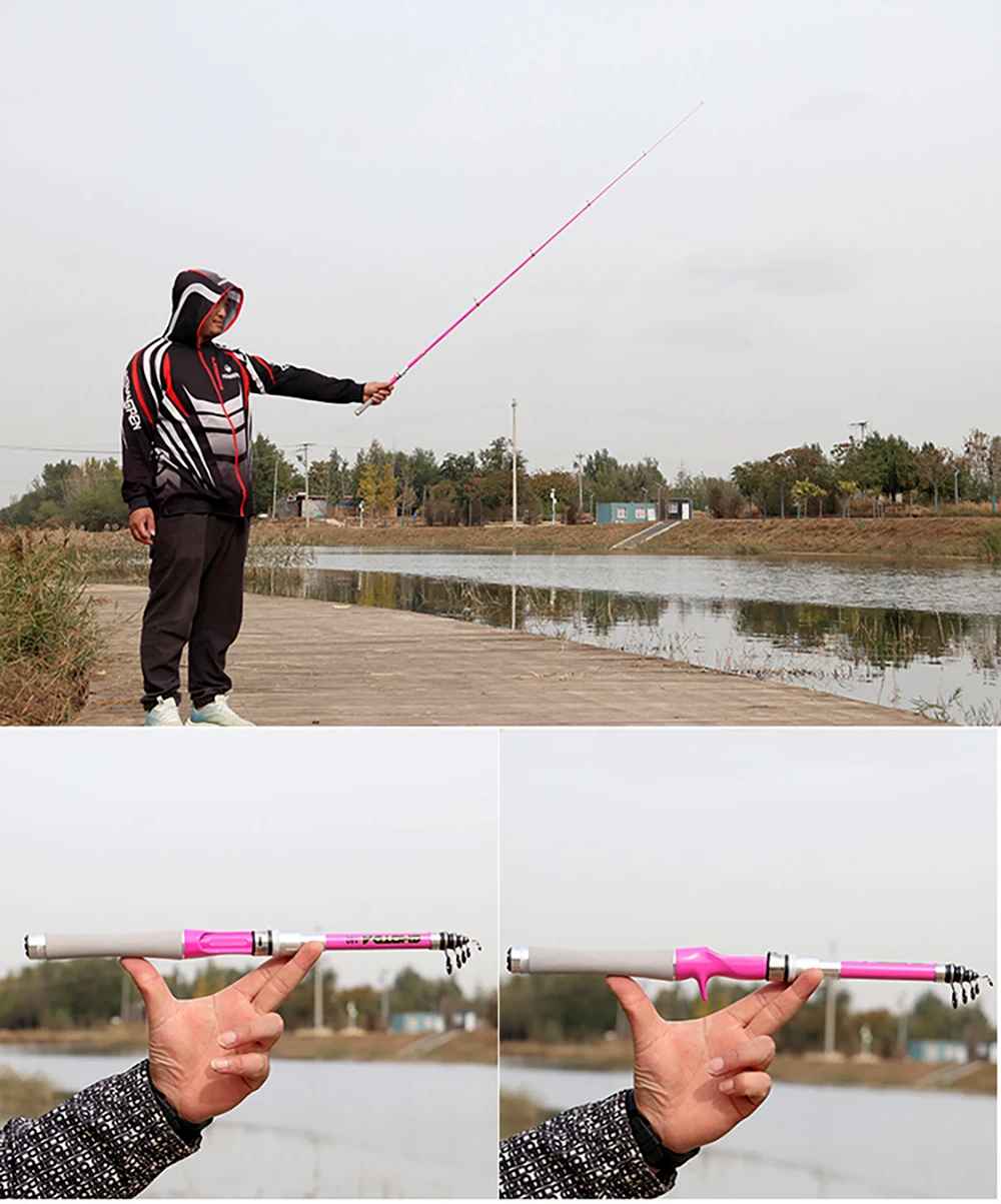 Spinning Rod and Reel Combo for Bass Pesca Mini Telescopic Fishing Rods 1.5M 1.8M 2.4M Metal Spool Fishing Reels Set Pink Girl